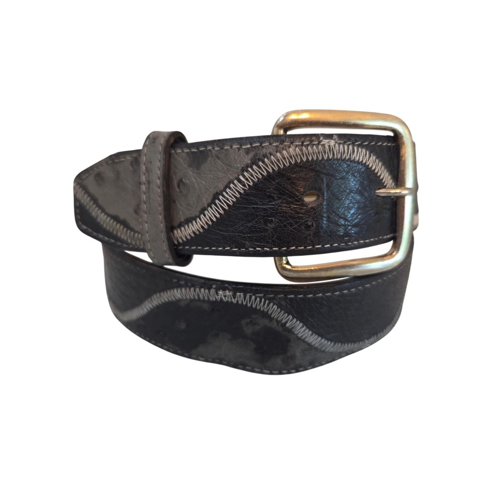 Nocona Leather Belt 36 Vintage 80's Black Gray Ostrich Print Zig Zag Stitch USA